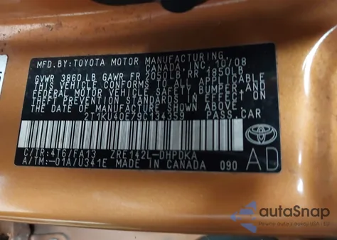 2009 Toyota Matrix z USA, uszkodzony, nr VIN 2T1KU40E79C134359